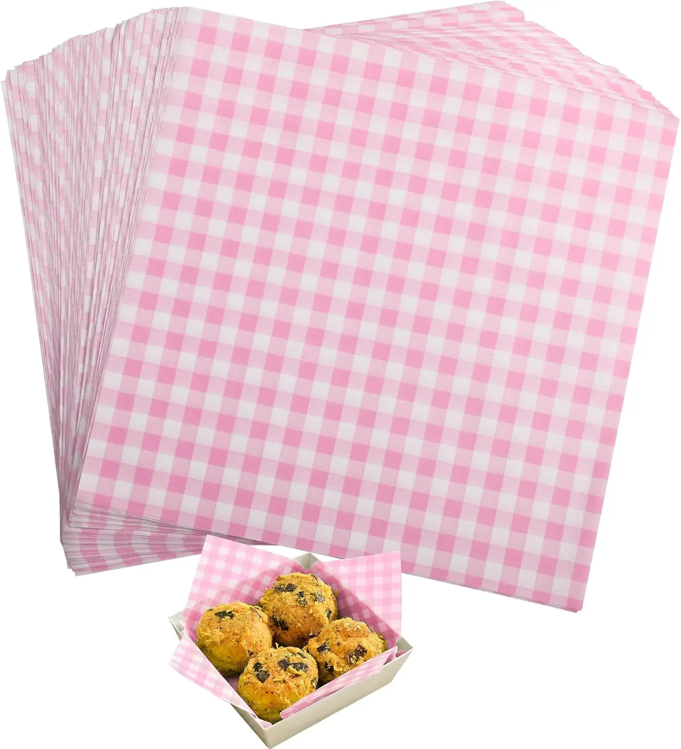 

Waxed Deli Paper Sheets 7x7 Inch, 100 Pcs Food Wrapping Paper for Sandwiches Burgers, Gingham Pink Basket Liners