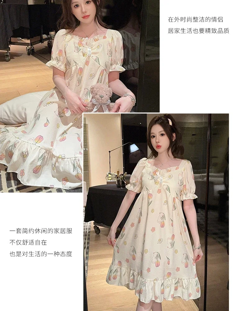 5XL Large Size Pajamas Women's Summer Short-sleeved Nightgown with Chest Pad Print Nightdress Loungewear Can Be Worn Outside