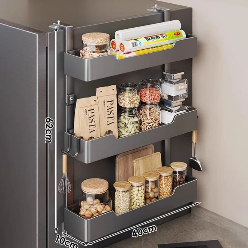 Refrigerator rack, side storage shelf, gray three-layer basket.