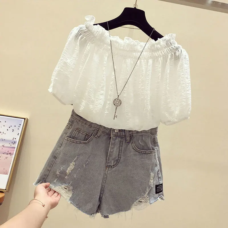 Bianco Casual Slash Neck Manica a sbuffo Pullover in chiffon Camicetta da donna Camicia Abbigliamento femminile Top Moda Camicette corte 2025 Estate