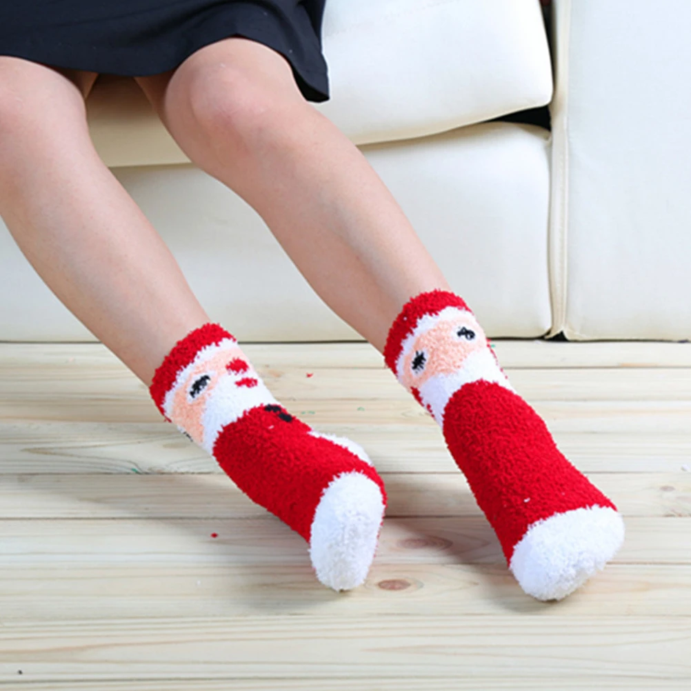 

6 Pcs Coral Fleece Socks Christmas Stockings Thickened Warm Soft Floor Socks Ladies Girls Elastic Cartoon Design Breathable