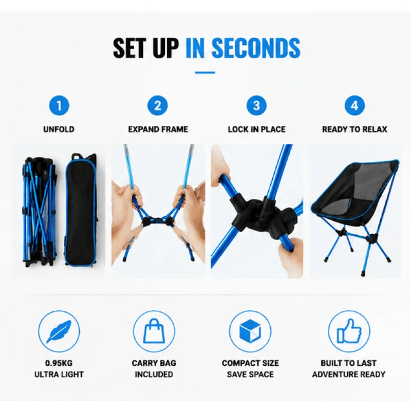 Portable Detachable Foldable Camping Chair, Ultralight Frame & Extended Seat Design for Outdoor BBQ Fishing Trips - view 5