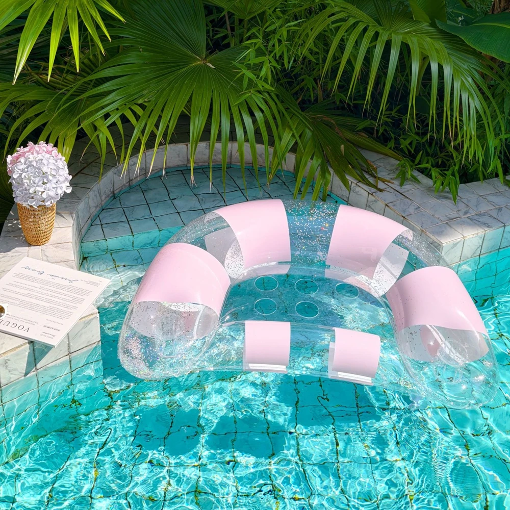 Striped Print Inflatable Pool Float Chair with Cup Holder Water Hammock Lounger for Summer Relaxation - view 5