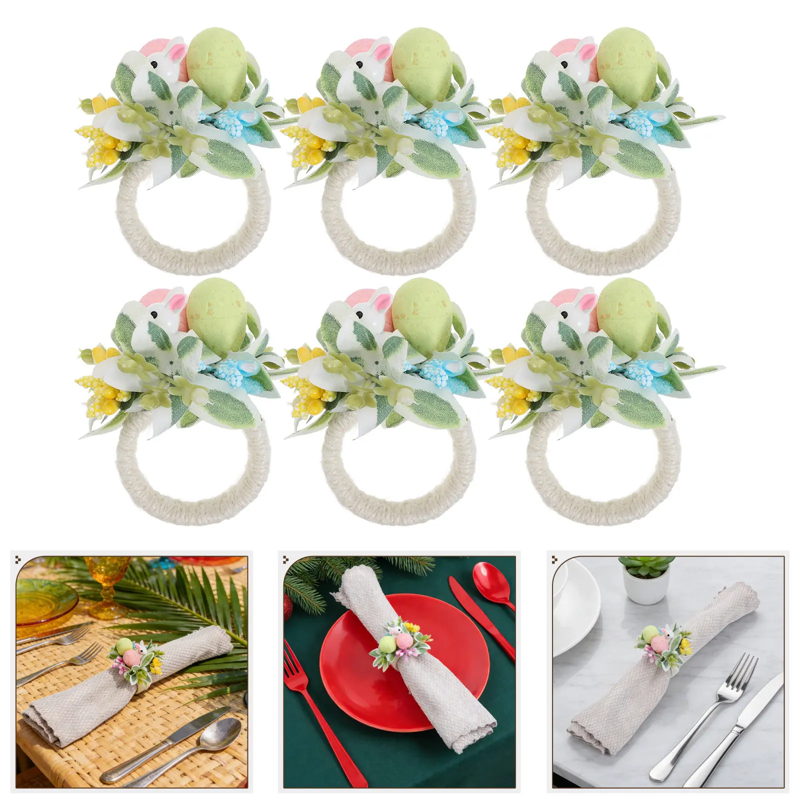 

Набор из 6 пасхальных колец для салфеток: держатели-зайчики из джута, 1.26 дюйма, в деревенском стиле, с искусственными яйцами, для весенней вечеринки
