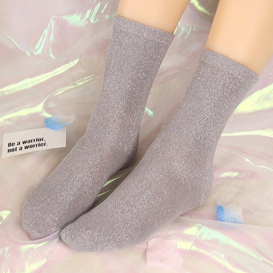 Candy Color Glitter Socks Women Harajuku Filigree Loose Socks Female Lingerie Bright Silver Silk Stockings Shiny Sequin Socks