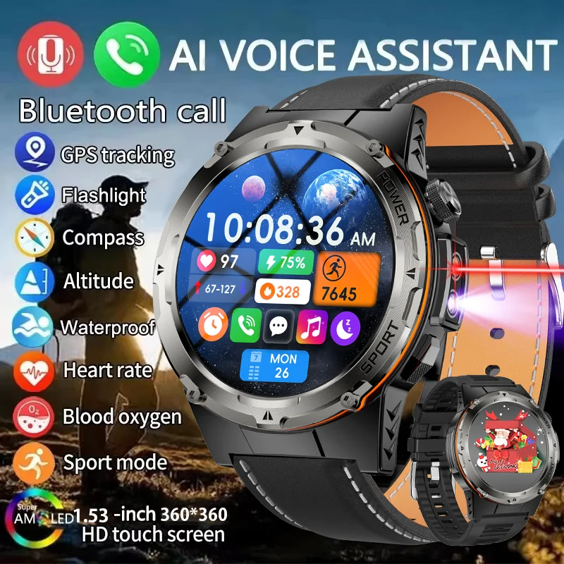 

New Fashion Men For Xiaomi Huawei Military Outdoor Watch IP68 Waterproof Bluetooth Talk Two-Color Flashlight Smart Men's Watch