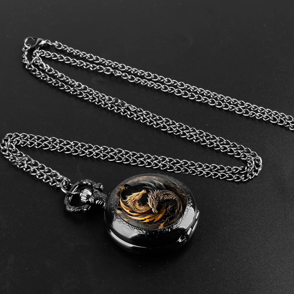 Yin-Yang Dragon Pocket Watch - Quartz Movement, Round Dial, Unique Bronze Necklace Souvenir Gift