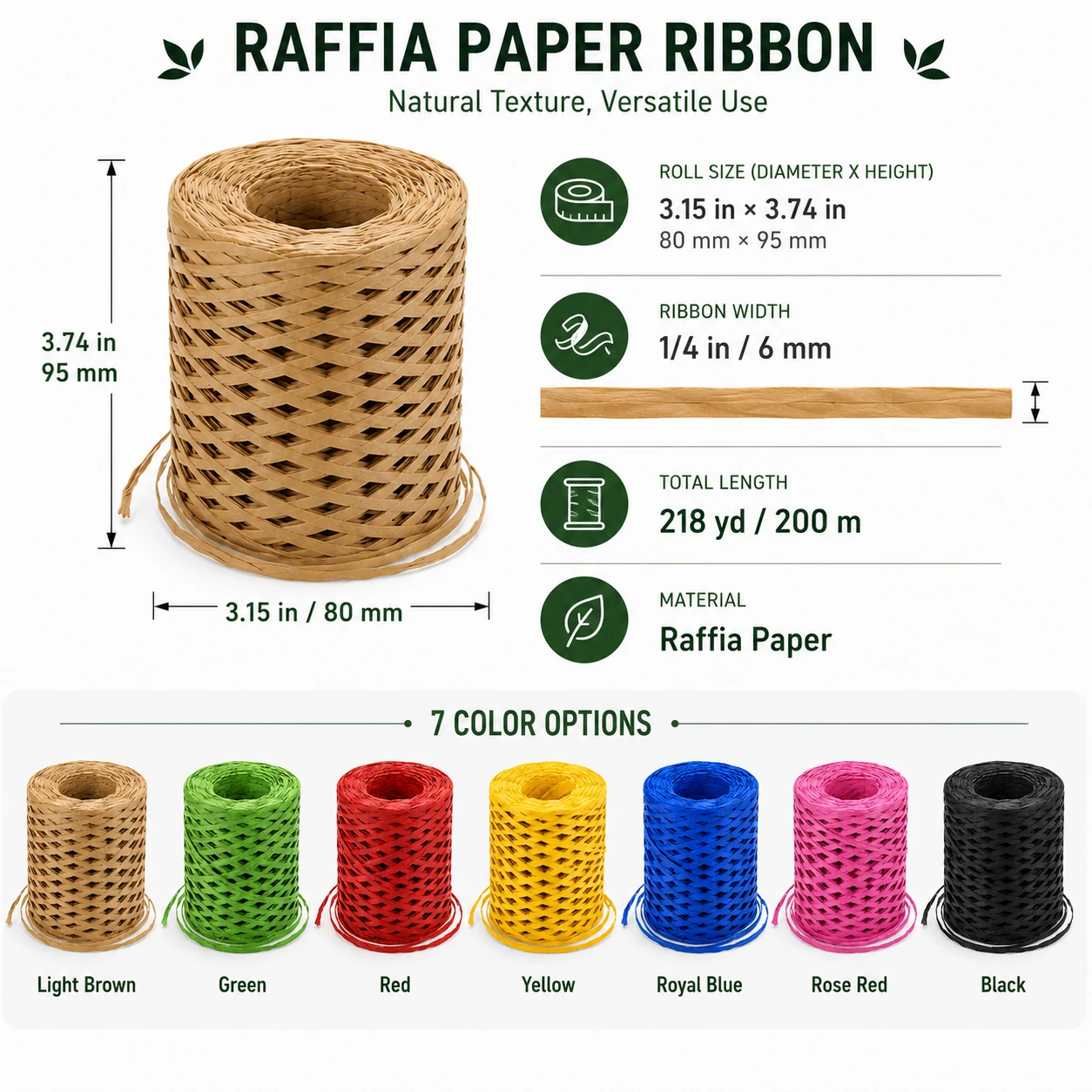 1-2Roll 1/4 Inch x 218 Yards Raffia Paper Craft Ribbon, Packing Paper Twine String for Gift Wrapping DIY Crafts Decor