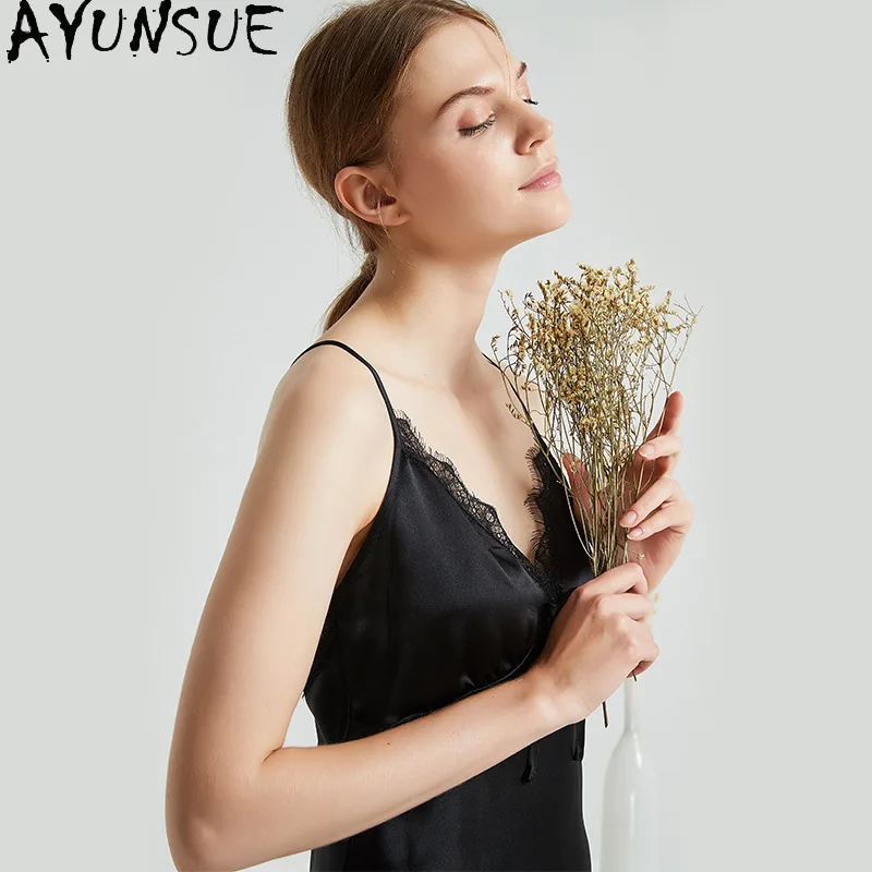 

Tcyeek 19MM Natural Mulberry Silk Night Dress Woman Elegant Dresses for Women Sexy Nightgown Summer Home Clothes Vestido Mujer