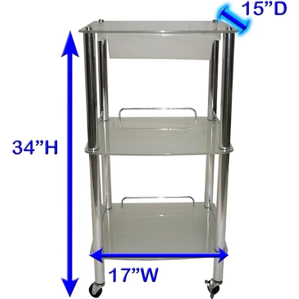 عربة أسطوانية من الزجاج والكروم المدمج ورف عرض المنتج ومعدات التجميل لصالونات التجميل #3