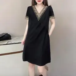 Vestido Midi solto oco em retalhos coreano para mulheres, decote em v, renda, manga curta, preto, bolsos com todos os jogos, novo, verão, 2023