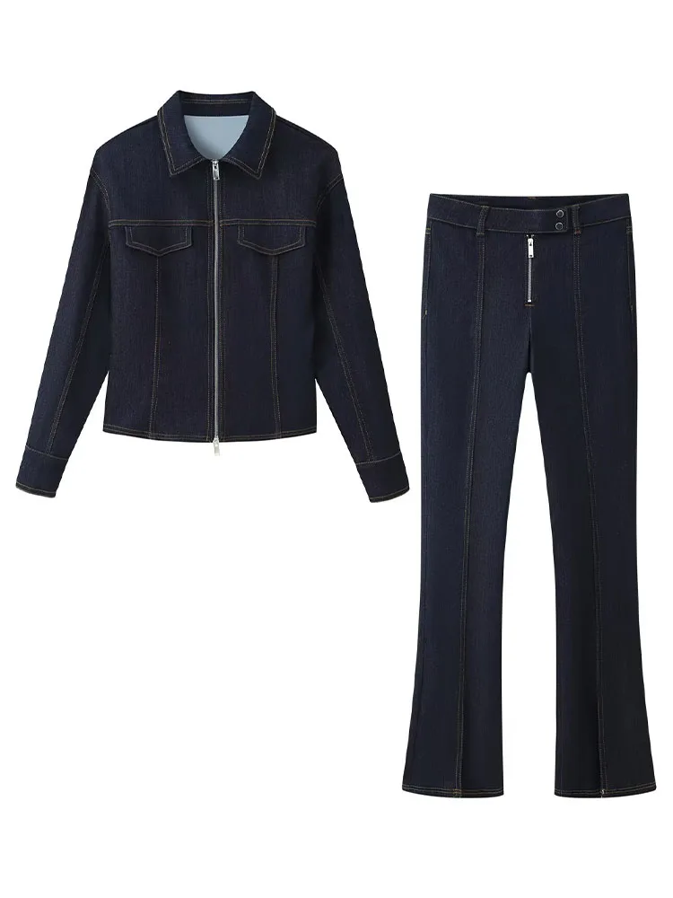 

HH Women's Fashion Vintage Denim 2-Piece Set Slim Lapel Long Sleeve Zipper Denim Cardigan Jacket+Mid-Rise Slim Zipper Long Jeans