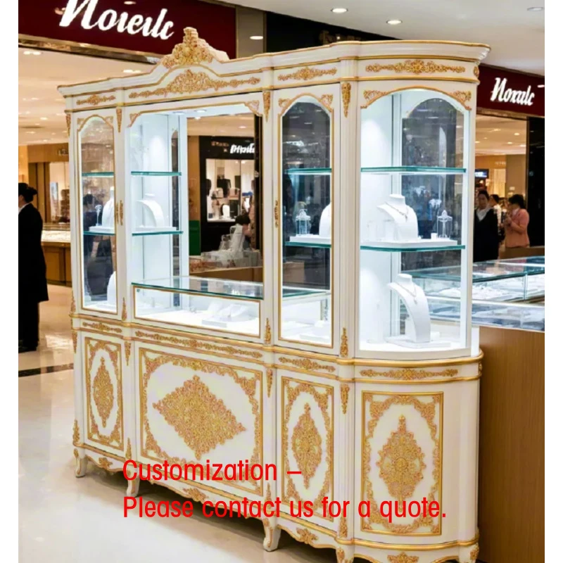 custom.French Baroque Tall Jewelry Display Cabinet | White Gold Carved Wood | LED Glass Showcase Retail & Mall