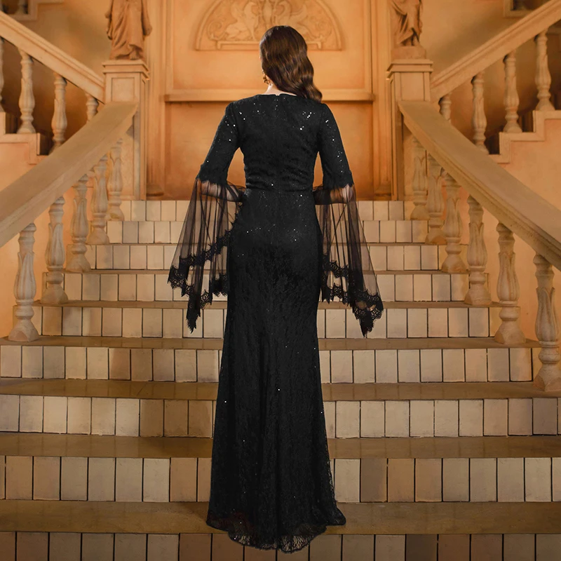 Women Black Dresses Flare Sleeve V Neck Sequined Elegant Cocktail Prom Formal Occasion Evening Long Maxi Dress Female Clothing