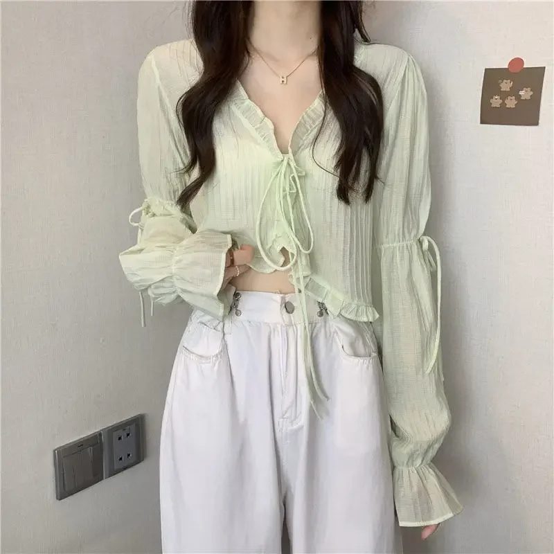 Süße Rüsche Spitze Up Cardigan Frauen Sommer Lange Hülse Sonnencreme Jacke Frau Candy-farbe Chiffon Crop Tops