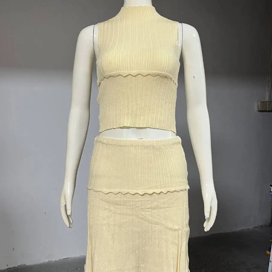 Conjunto de falda y ceco tejido de verano, sin botones, sin mangas, cuello alto, traje de moda de dos piezas para mujer, l...