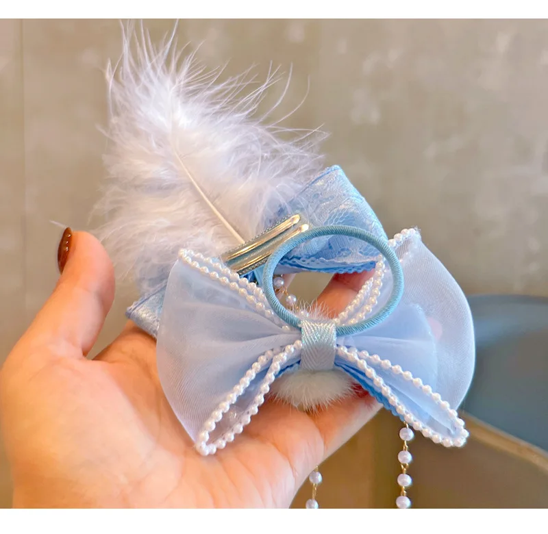 2PCS New Princess Lace Blue Bow Girls Kids Elastic Hair Bands Lovely Children Hair Ties Hair Accessories Baby Headwear