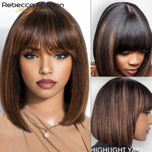 Imagen 2 del producto Resaltar Rubio corto BOB 3x1 encaje sin pegamento peluca de cabello humano listo para ir brasileño P1B/30 recto Bob hueso con flequillo para mujeres