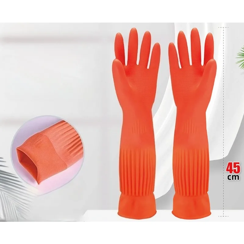 

1 Pair Red 45cm Long Flexible Rubber Cleaning Gloves Waterproof for Kitchen Dishwashing Bathroom Household Cleaning S M L