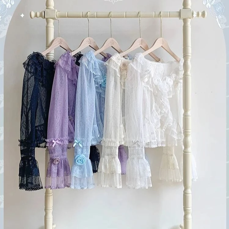 

Japanese Sweet Lolita Chiffon Cardigan Women Vintage Cute Long Sleeve Lace Ruffles Collar Tops Kawaii Chic Thin Inside Blouses