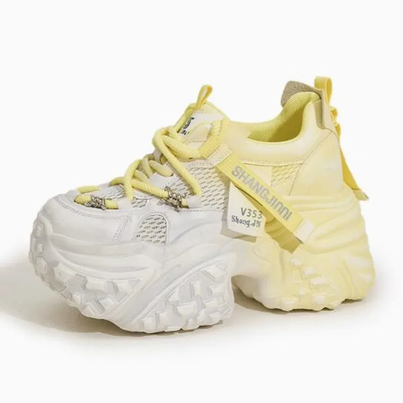 

Luxury 9CM Air Mesh Microfiber Leather Chunky Sneaker Vulcanize Mixed Color Fashion Summer Autumn Ankle Boots Hollow Women Shoes