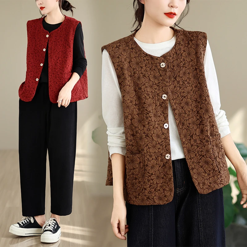 Casual Artistic Versatile Sleeveless Vest 2026 Autumn New Style Polyester Fiber Open Cardigan for Pear Shaped Women