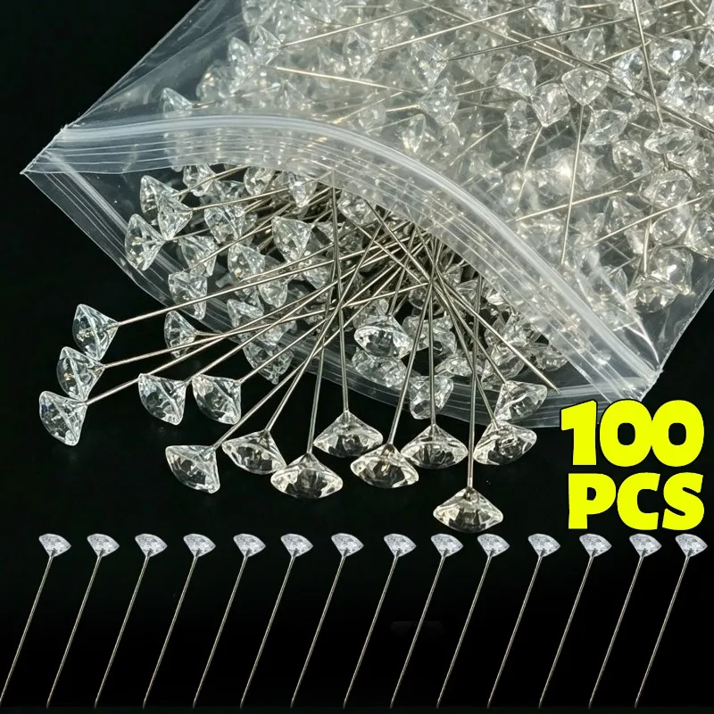 50/100Pcs Transparent Diamond Pins Box Set for Wedding Bridal Bouquets Accessories Crystal Rhinestones Floral Positioning Pins