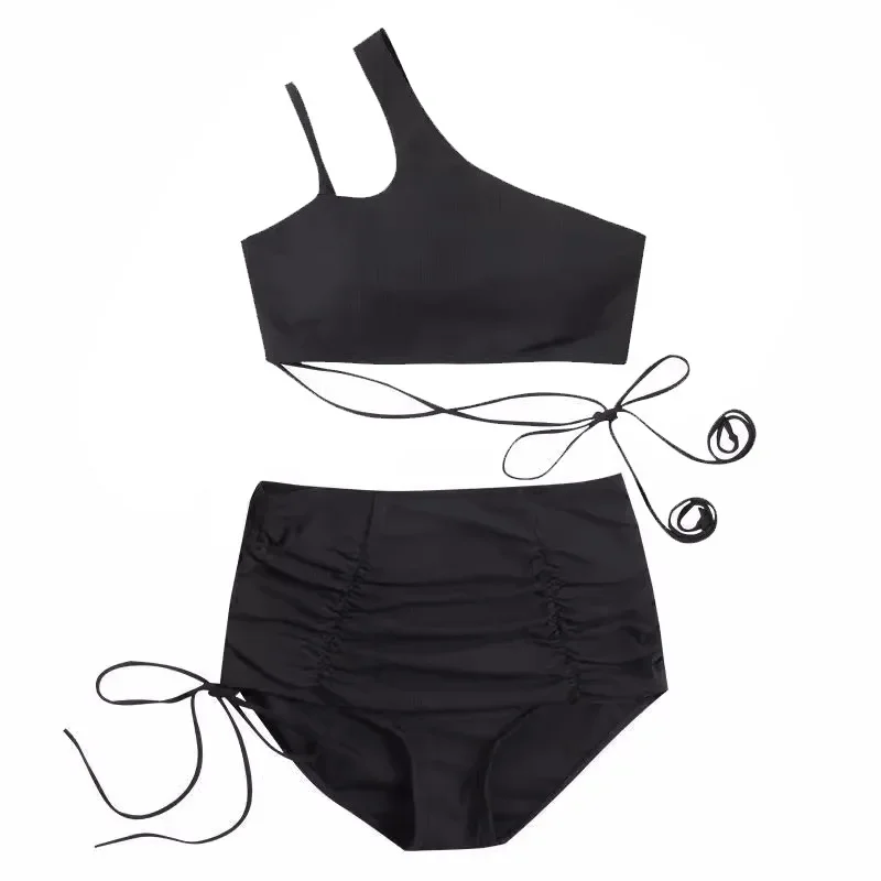 Sexy Korean Fashion One Shoulder Crop Top Mujer Black Drawstring Shorts Bottoms Bikinis Sets Two Pieces Swimsuit Padded Swimwear