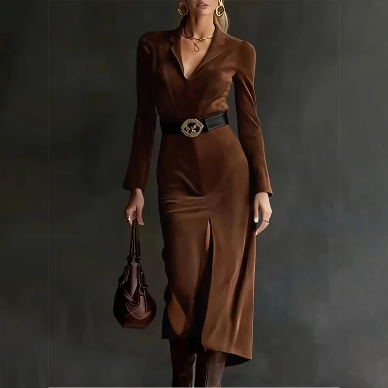 

European American Lapel V-Neck A-Line Dress Women's Autumn Slim-Fit Long-Sleeve Party Dress 2025 Solid Slit Chic Ladies Dresses
