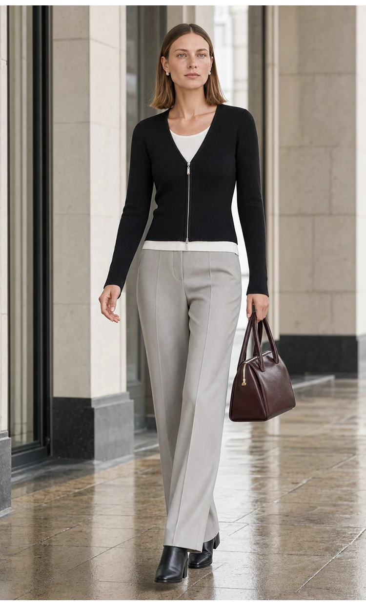 MZ62017 Elegante Damen-Strickjacke mit Reißverschluss, V-Ausschnitt, Langen Ärmeln und Kontrastbesatz aus Modal-Mischung, Mehrlagiges Strickoberteil für Herbst und Winter – Detail 3