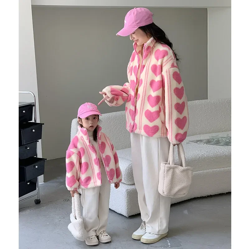 Mother and Dughter Pink Thick Coat Winter Warm Woman Fleece Jacket Mom and Son Matching Sweatshirts with Zipper Baby Outerwear