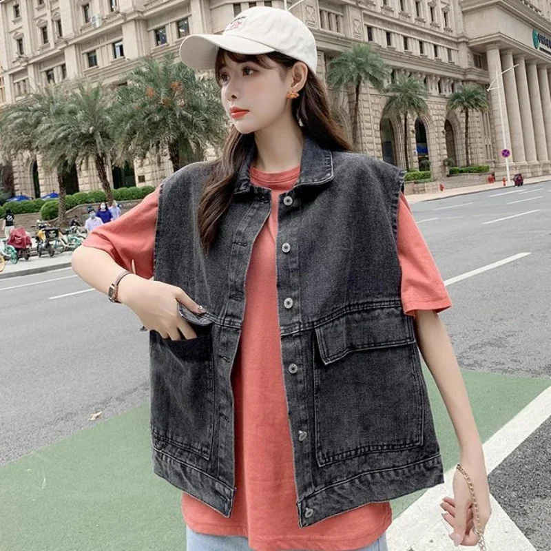 

Vests Women Friends Vintage Denim Streetwear Chic Spring Single Breasted Turn-down Collar Boyfriend Couple Soft Cosy Young Lady