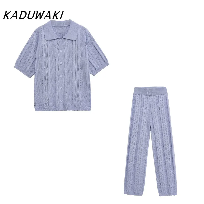 

KADUWAKI Fashion Summer Women's Wear Lapel Bump Edge Hollow Twist Short-sleeved Knitted Sweater Shirt with Straight Trousers 2pc