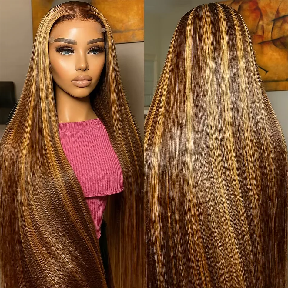 

P4/27 Highlight 32 34 дюйма Бразильские прямые 13x4 HD Парики из натуральных волос на кружеве для женщин Бесклеевой парик на фронтальной части шнурка Предварительно выщипанные