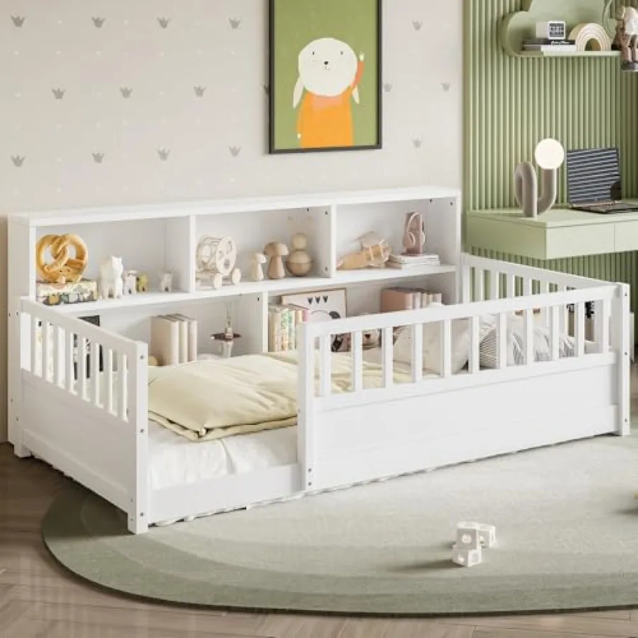 

Size Montessori Floor Bed with Bookcase, Floor Bed with Rails and Storage Shelves, Easy Assemble Montessori Beds Frame for Girl