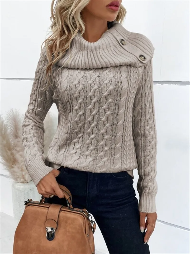 

Women's Sweater Autumn/Winter Fashion New Twisted Flower Knitted High Neck Button Design Raglan Sleeves Slim Fit Casual Elegance