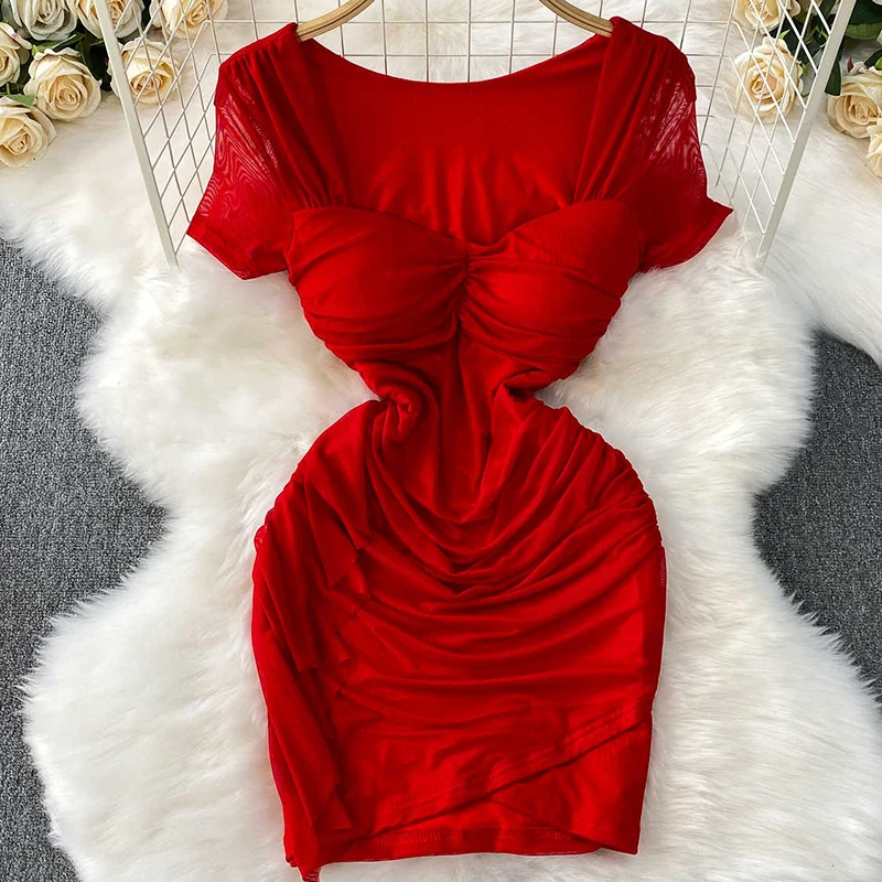 Französisch Stil Unregelmäßigkeit Kleid Für Frauen Sommer Sexy Quadrat Kragen Kurzarm Dünne Wrap Hüften Tüll Splice Mini Kleider