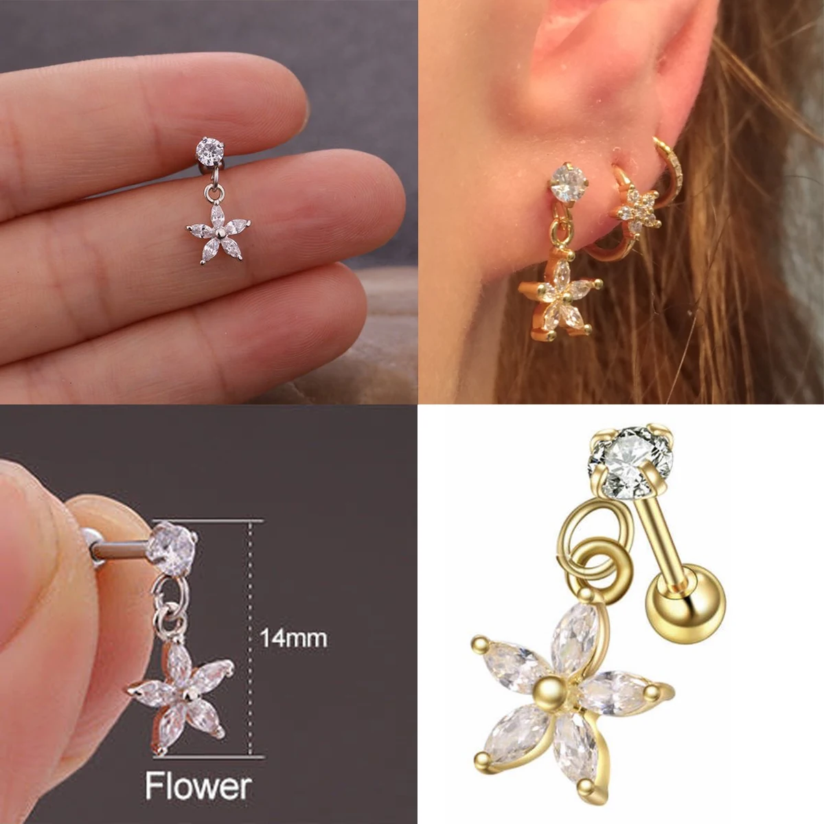 Golden Curved CZ Cartilage Stud Flower Helix Rook Conch Screw Back Earrings 316L Stainless Steel Ear Piercing Jewelry Lip Rings