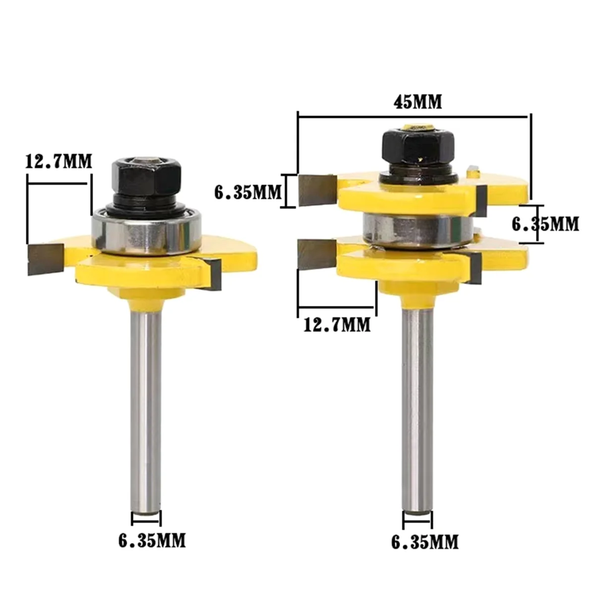 A002 2 Stuks 1/4 Inch Schacht Cutter 3-Tand Tong & Groef Joint Monteren Frezen T-Slot frees Voor Hout Frezen