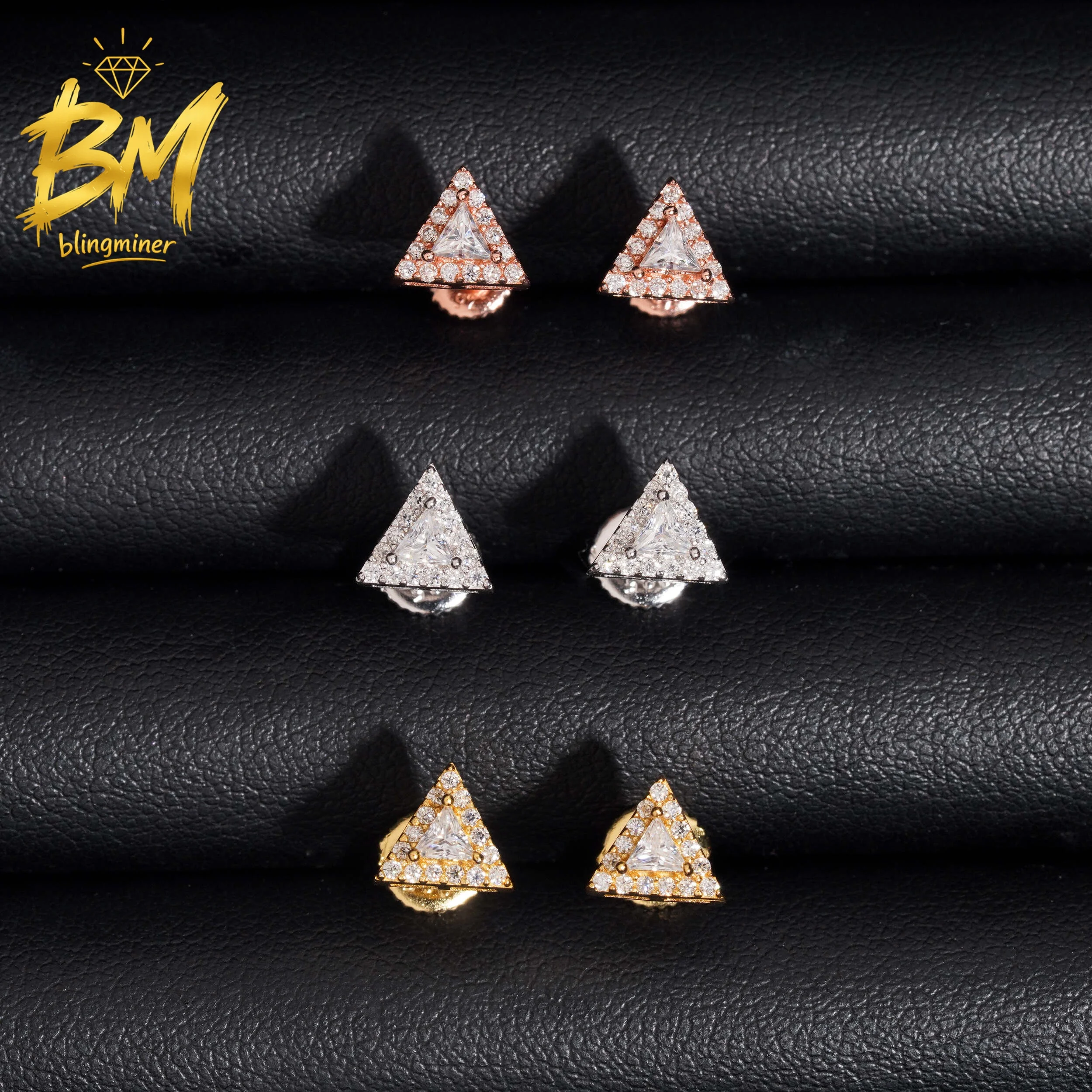 Blingminer Triangle Shape Style VVS Moissanite Earrings For Men Women S925 Silver Ear Studs Jewelry Pass Diamonds Tester GRA