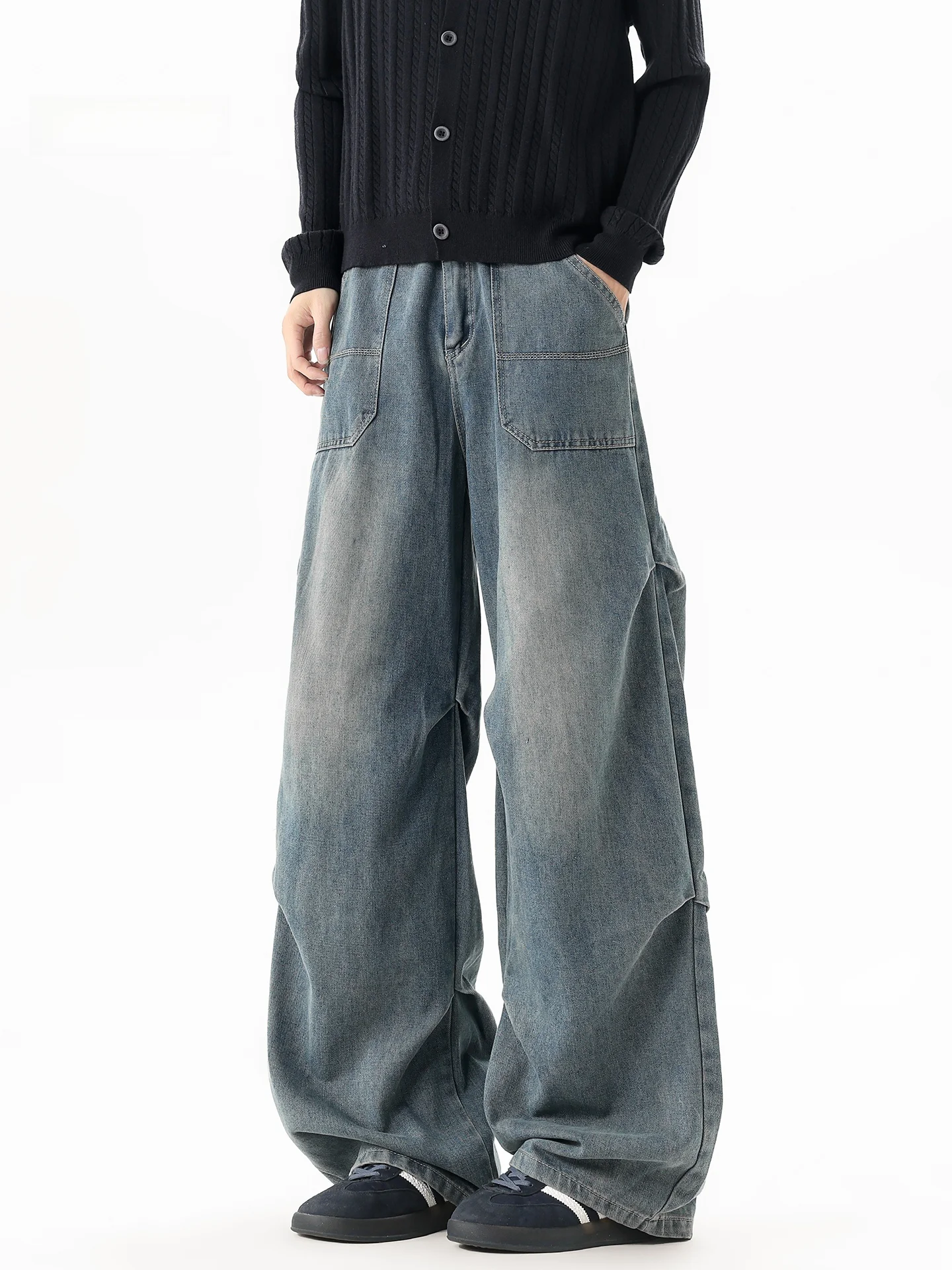 

Винтажные американские джинсы-карго с эффектом потертости, мужские, осенне-зимние, прямые, широкие, повседневные брюки, трендовые