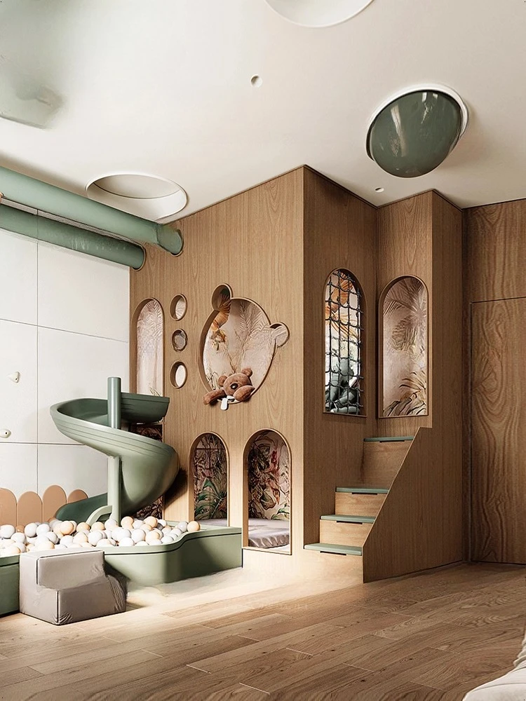 Tempat tidur beruang naik turun, tempat tidur anak apartemen besar, tempat tidur susun, tempat tidur seluncur putar