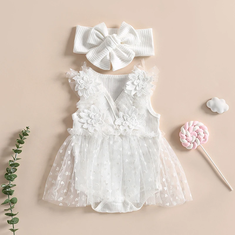 Tregren 0-24M Baby Girls Princess Romper Dress Summer Sleeveless 3D Flower Mesh Tulle Jumpsuit with Headband for Newborn Infant