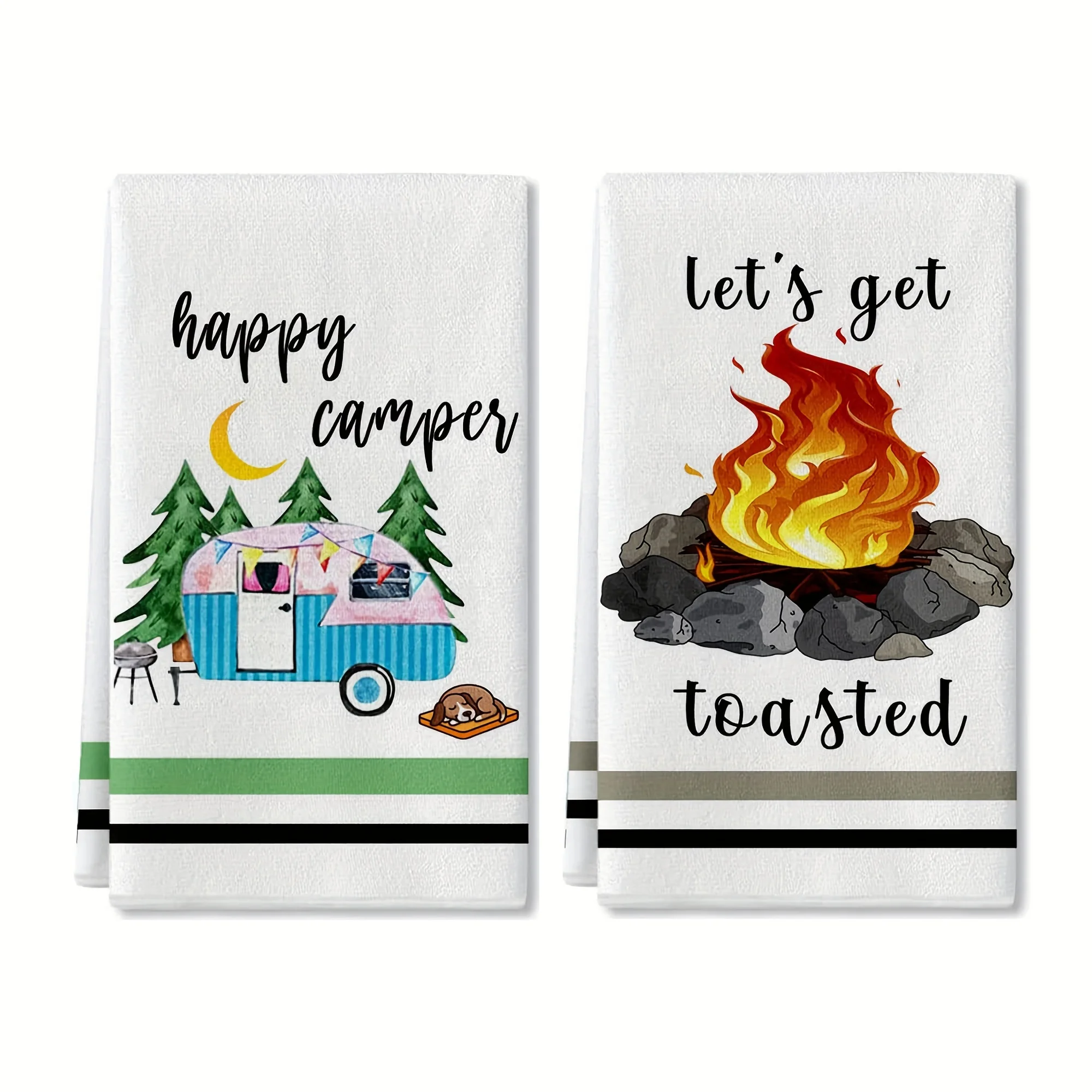 2pcs, Hand Towels, Camping Theme Kitchen Towels, Decorative Happy Campers Camping Tent Pine Tree Pattern Scouring Pad, Farmhouse