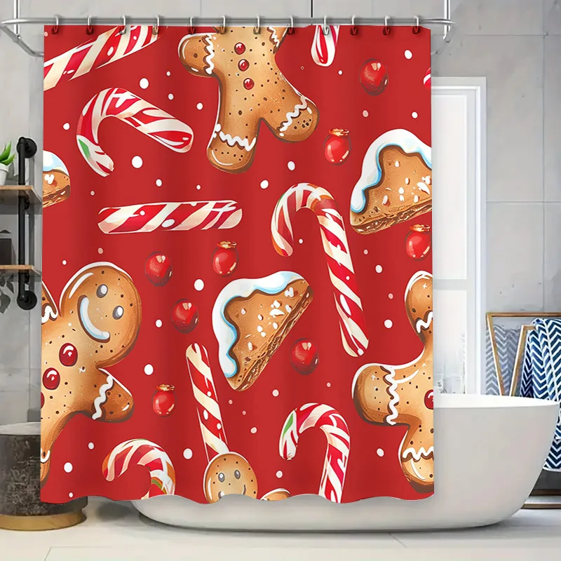 Festive Candy Cane Gingerbread Shower Curtain Decorative Red Bath Mat with Christmas Cookies Pattern for Bathroom Accessories
