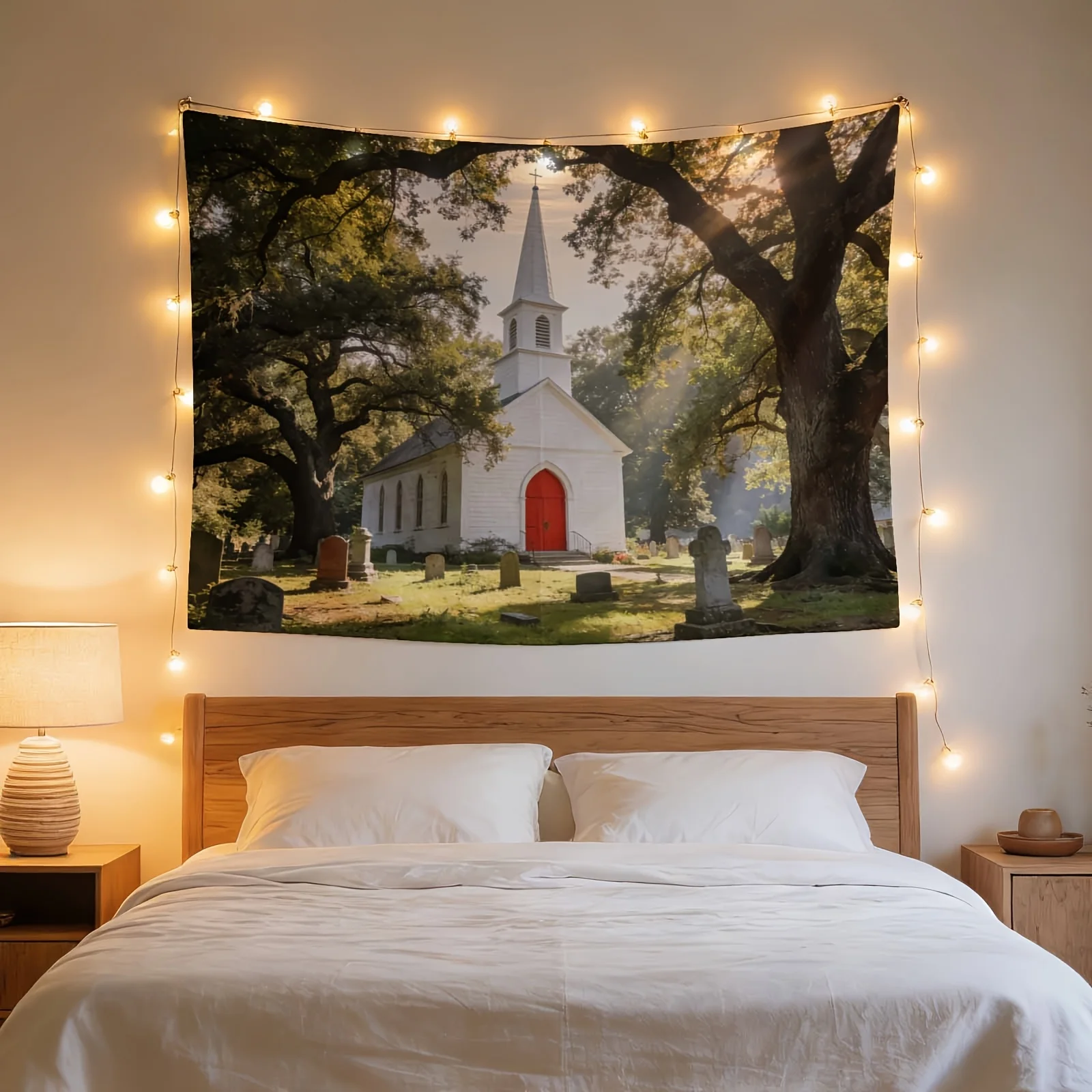 Cinematic Tapestry Wall Hanging Art Print of Historic White Church and Graveyard Scene Nature Photography Gothic Style Polyester