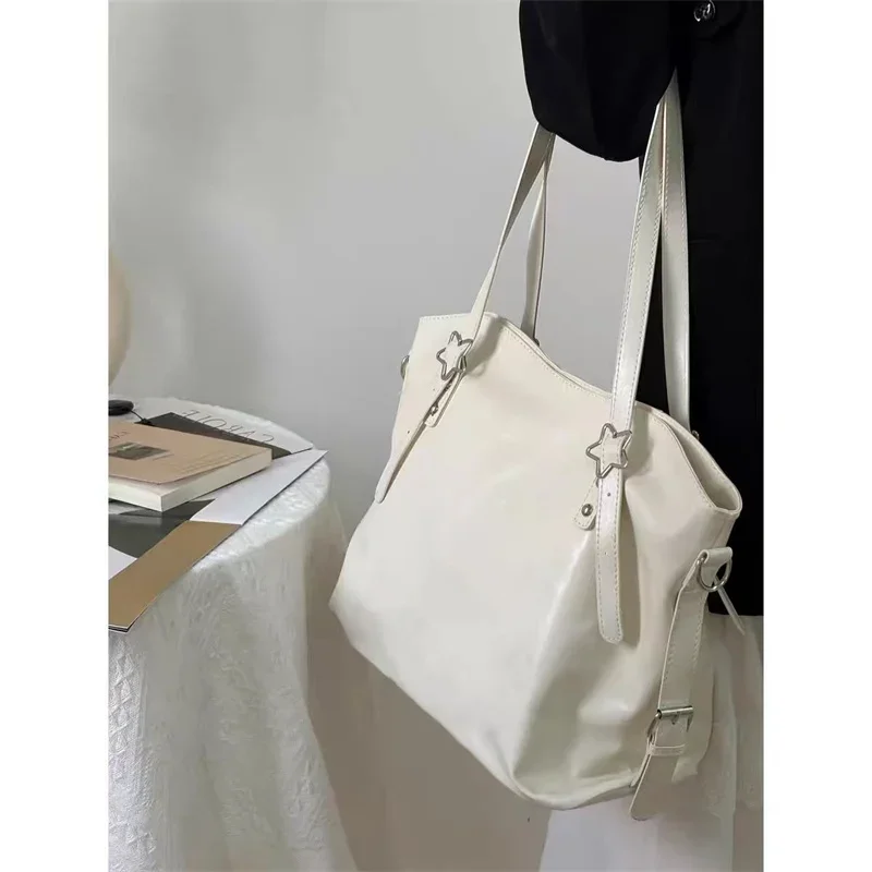 Soft Pu Leather Shoulder Bag Ladies Simple Commuter Girls Student Underarm Book Handbags Large Capacity Star Tote Bags for Women