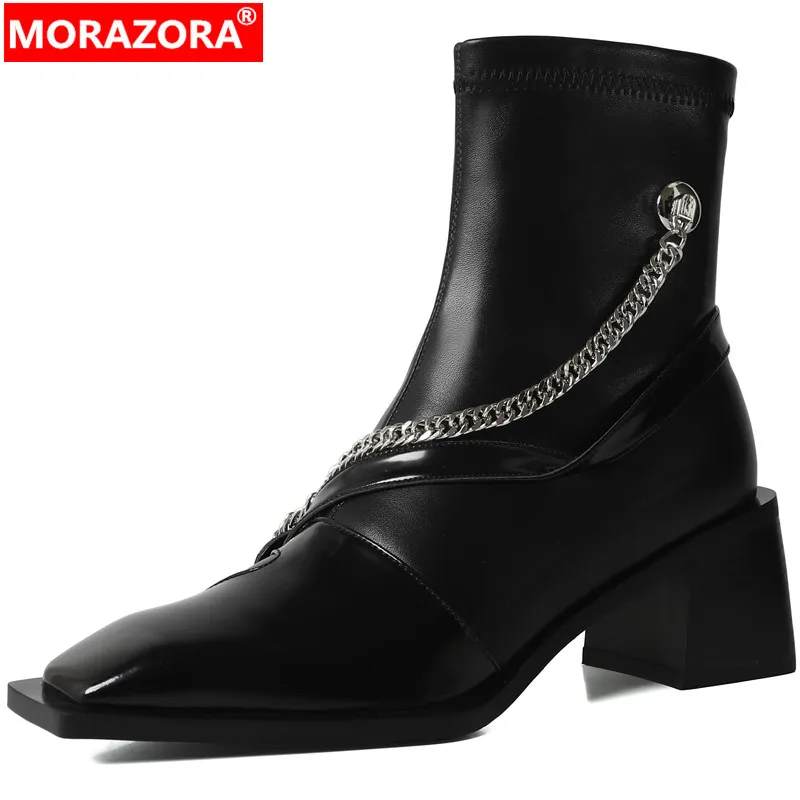 

MORAZORA 2024 New Street Style Genuine Leather Women Boots Thick High Heels Shoes Zipper Modern Spring Autumn Boots