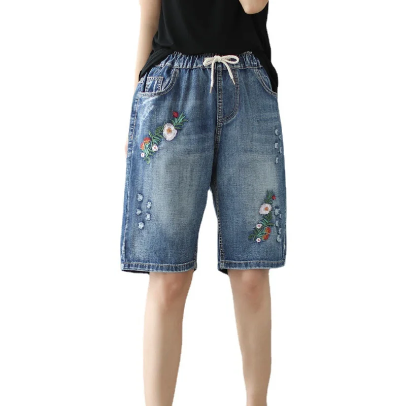 Summer Jeans Capris Vintage Embroidered Elastic High Waist Women's Knee-lenght Denim Pants Ripped Hole Loose Shorts Jeans