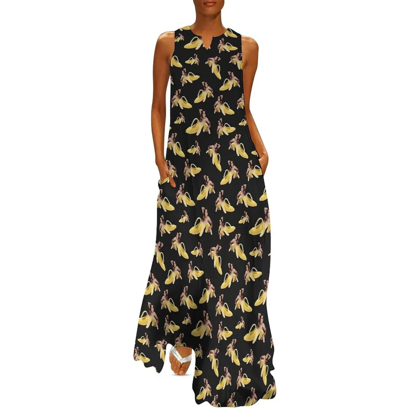 Meme Nicolas Cage Banana Dress  Beach Maxi Dress Aesthetic Casual Long Dresses Summer V Neck Printed Vestidos Big Size 5XL